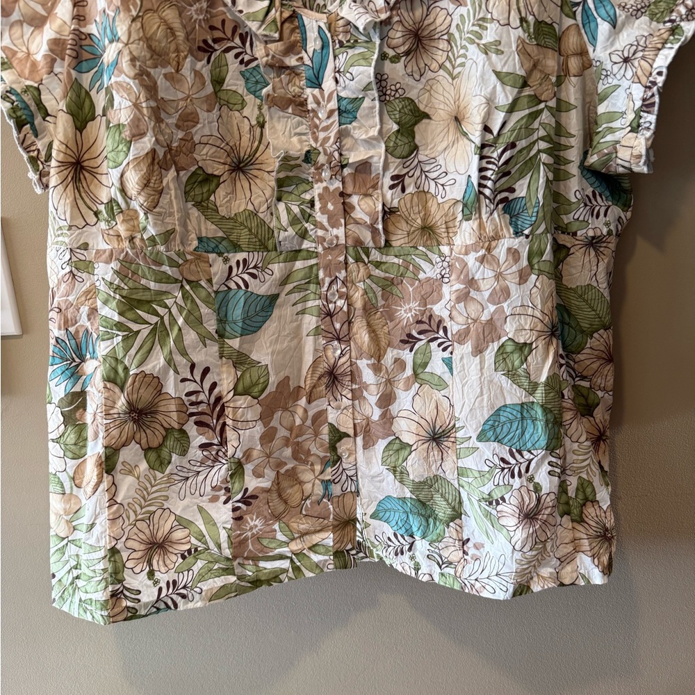 Caribbean Joe Cream w/Brown/Turquoise/Green/Tan Tropical Floral Print Top - Picture 9 of 12